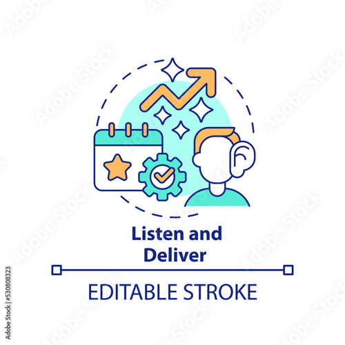 Listen and deliver concept icon. Increasing business meeting attendance abstract idea thin line illustration. Isolated outline drawing. Editable stroke. Arial, Myriad Pro-Bold fonts used