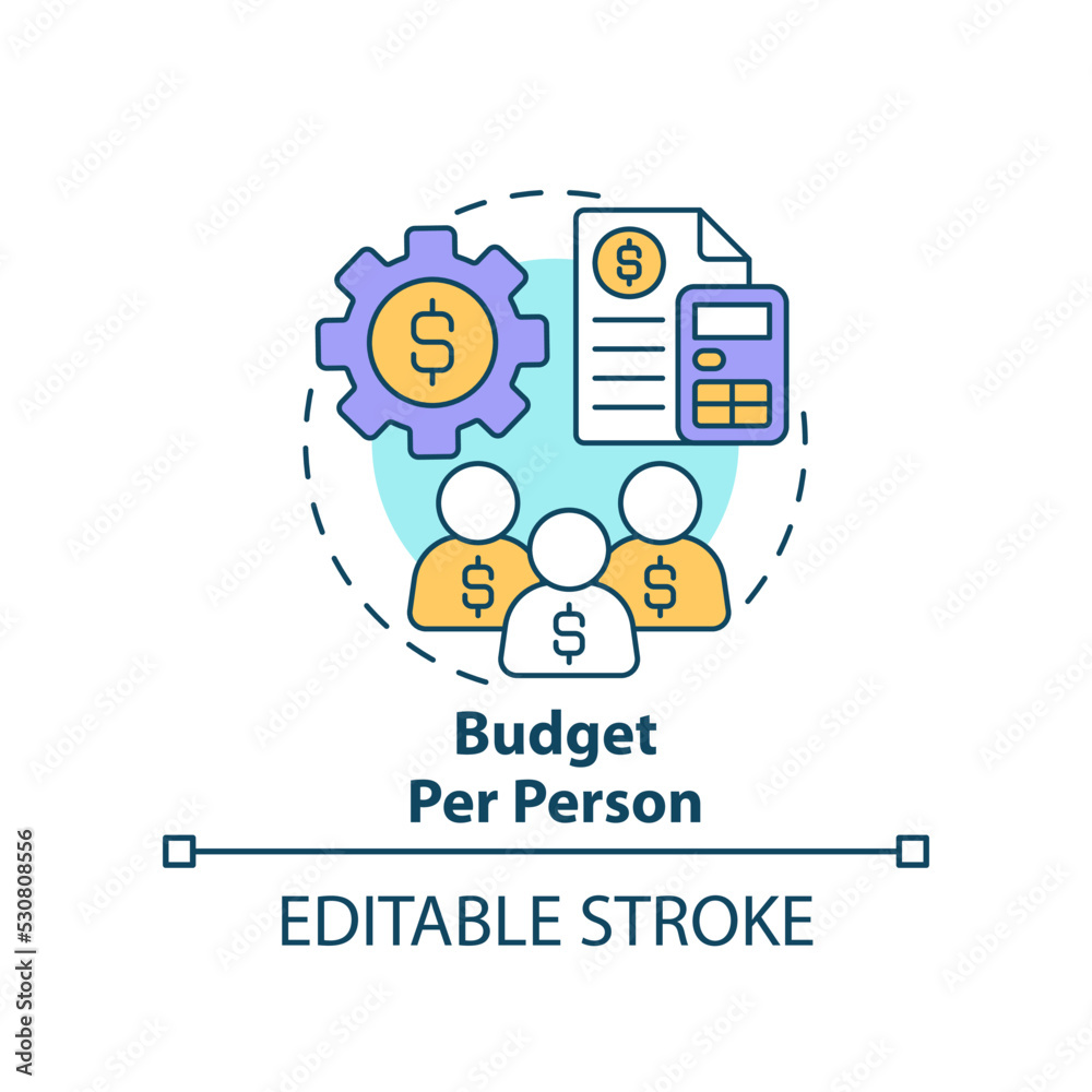 Budget per person concept icon. Calculating costs. Planning small event abstract idea thin line illustration. Isolated outline drawing. Editable stroke. Arial, Myriad Pro-Bold fonts used