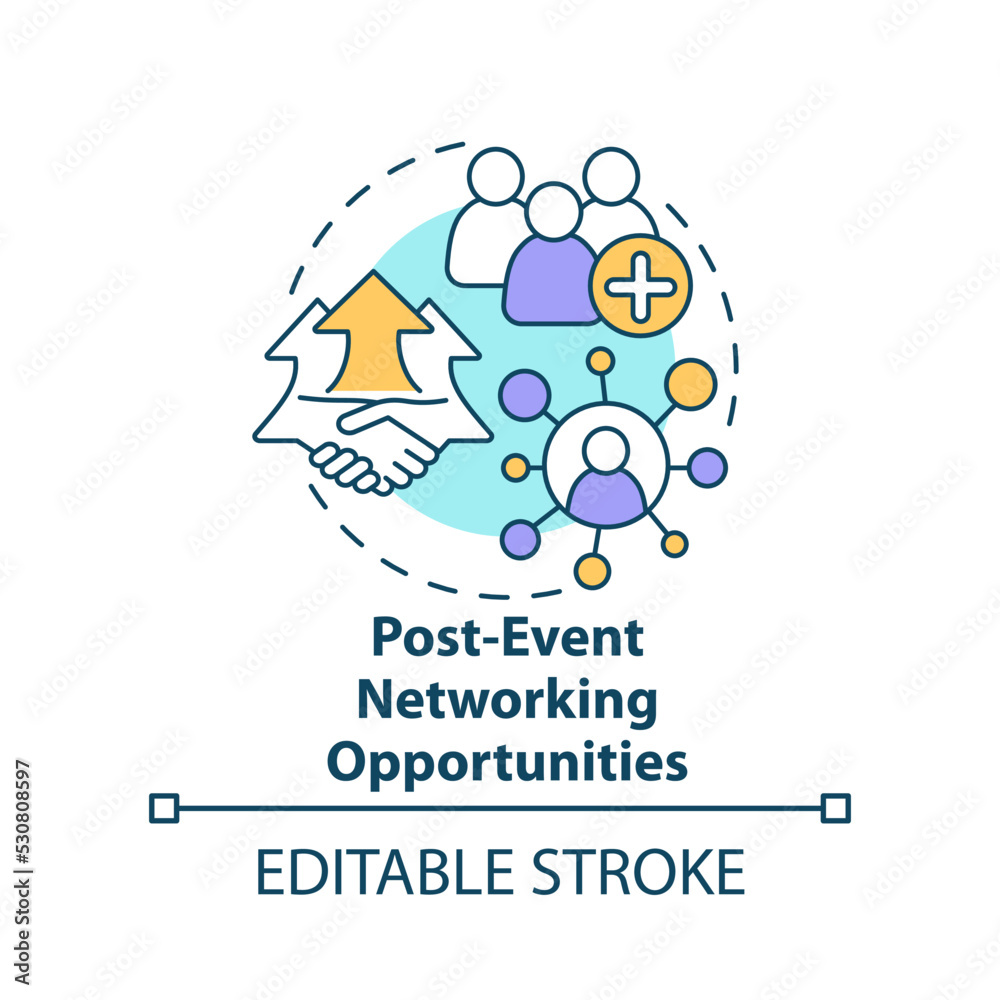 Post event networking opportunities concept icon. Planning small event abstract idea thin line illustration. Isolated outline drawing. Editable stroke. Arial, Myriad Pro-Bold fonts used