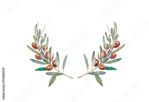 hand painted watercolor olive wreath, isolated on white background. photo