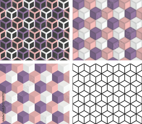 Set of seamless cube patterns. Editable vector pattern isolated on white.