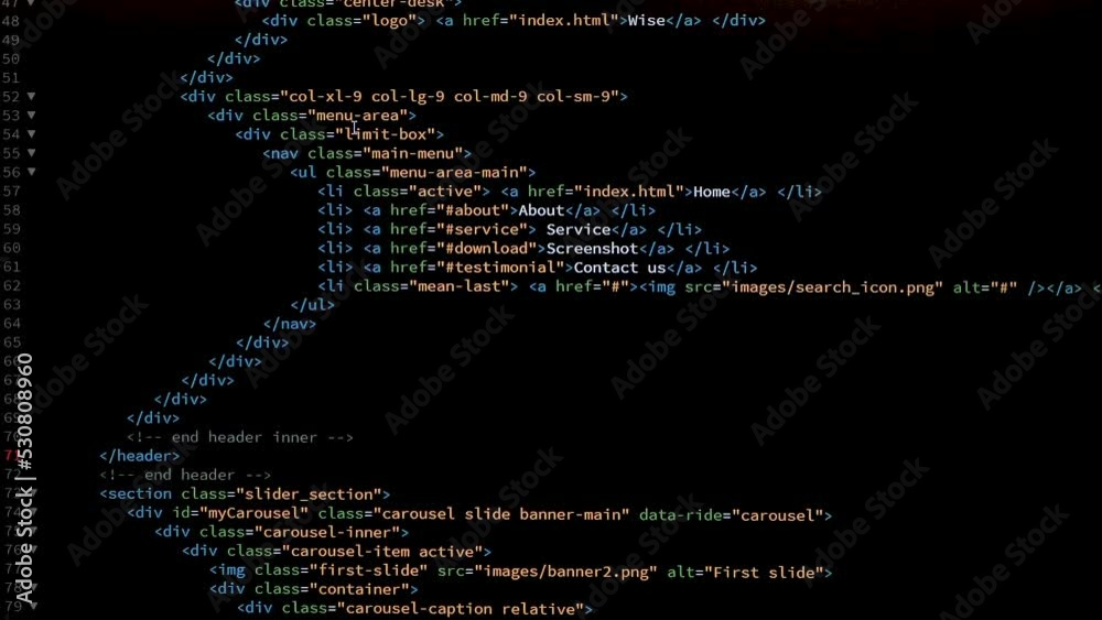 4K Close up shot HTML tag code on PC Monitor scroll down. Background concept for programming and coding web development. Suitable for green screen replacement. Scene D.