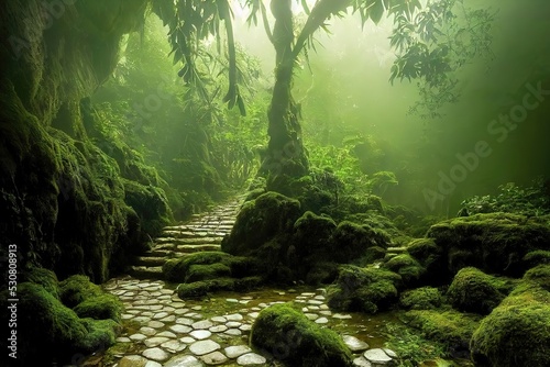 Raster illustration of paved path in the tropical forest Fototapet