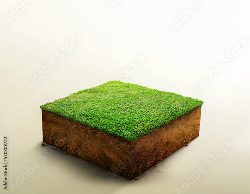 3D Illustration, cubical soil ground cross section with earth land and green grass, Soil layers. realistic 3D rendering ground ecology, cutaway terrain floor with rock isolated on light background.