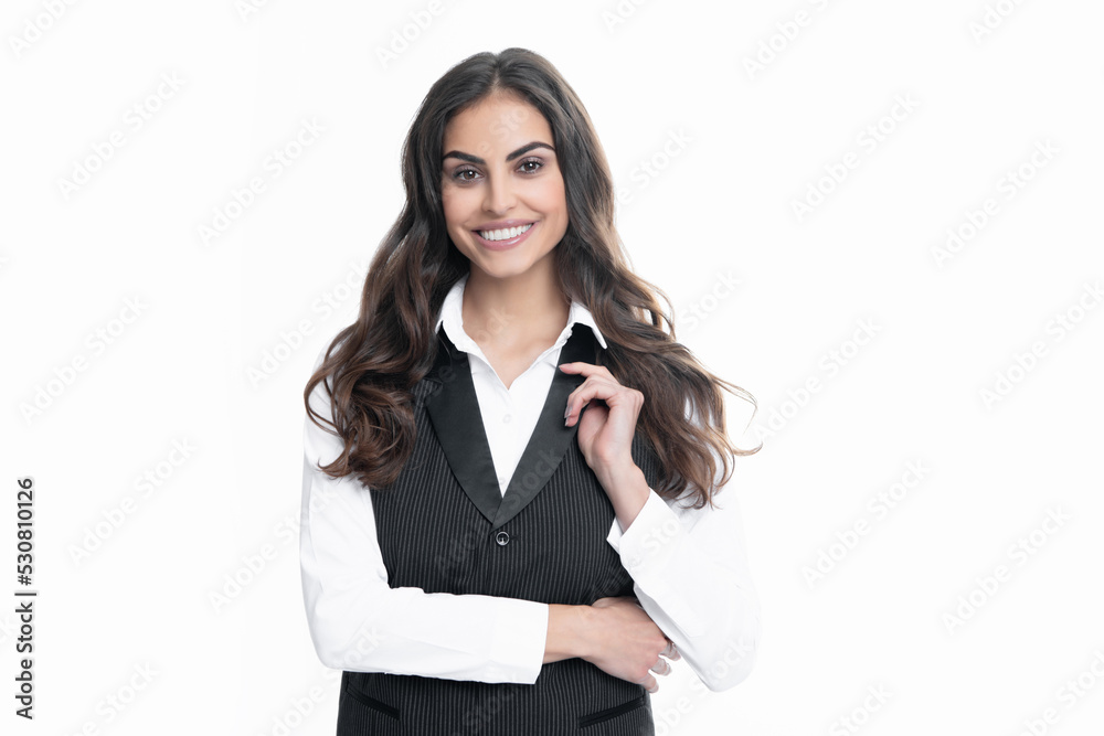 Elegant young businesswoman on white studio background. Portrait of a beautiful business woman. Female employee young secretary.