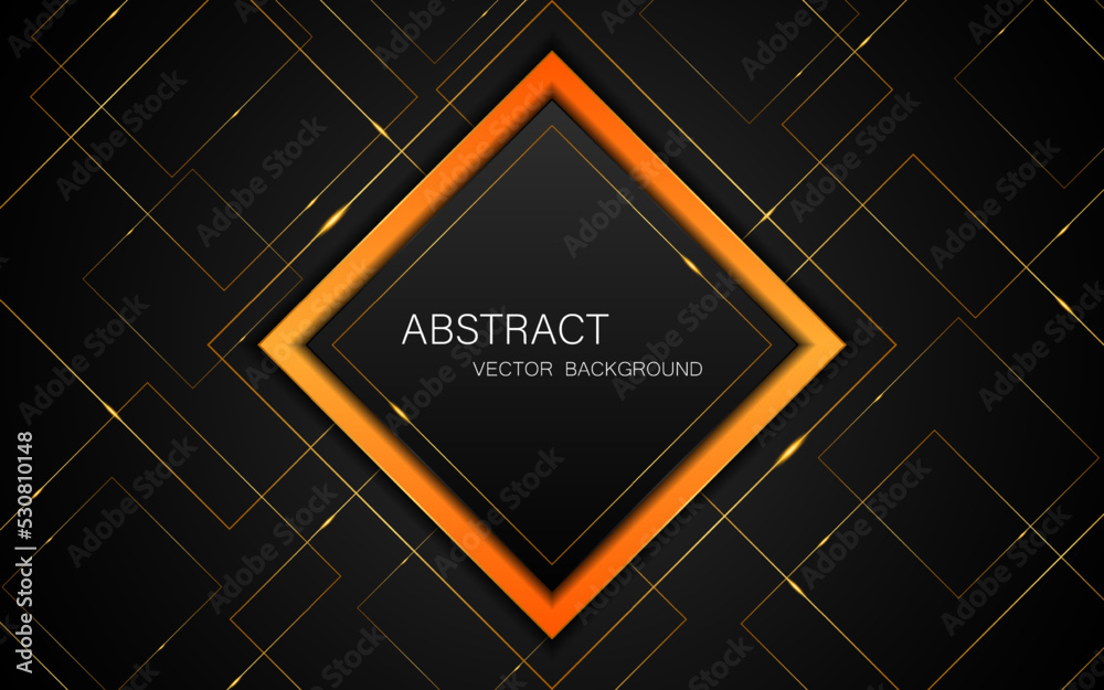 Abstract black and orange square shape with golden glowing lines on