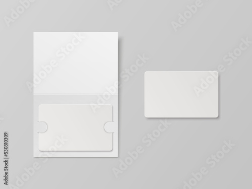 Vector 3d Realistic White Guest Room, Plastic Hotel Apartment Keycard, ID Card, Sale, Credit Card Design Template with Paper Cover Case, Wallet for Mockup, Branding. Top View