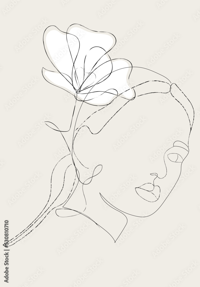 Girl with a flower in her hair, line art and minimalism, pastel background Girl with a flower in her hair, line art and minimalism, pastel background