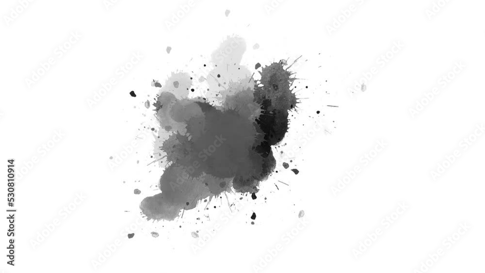 Ink brush stroke transition. Ink splash. watercolor fluid ink splashes transition. Abstract ink brush blot, splat, fluid art, overlay, alpha matte composition, spreading brush stroke.
