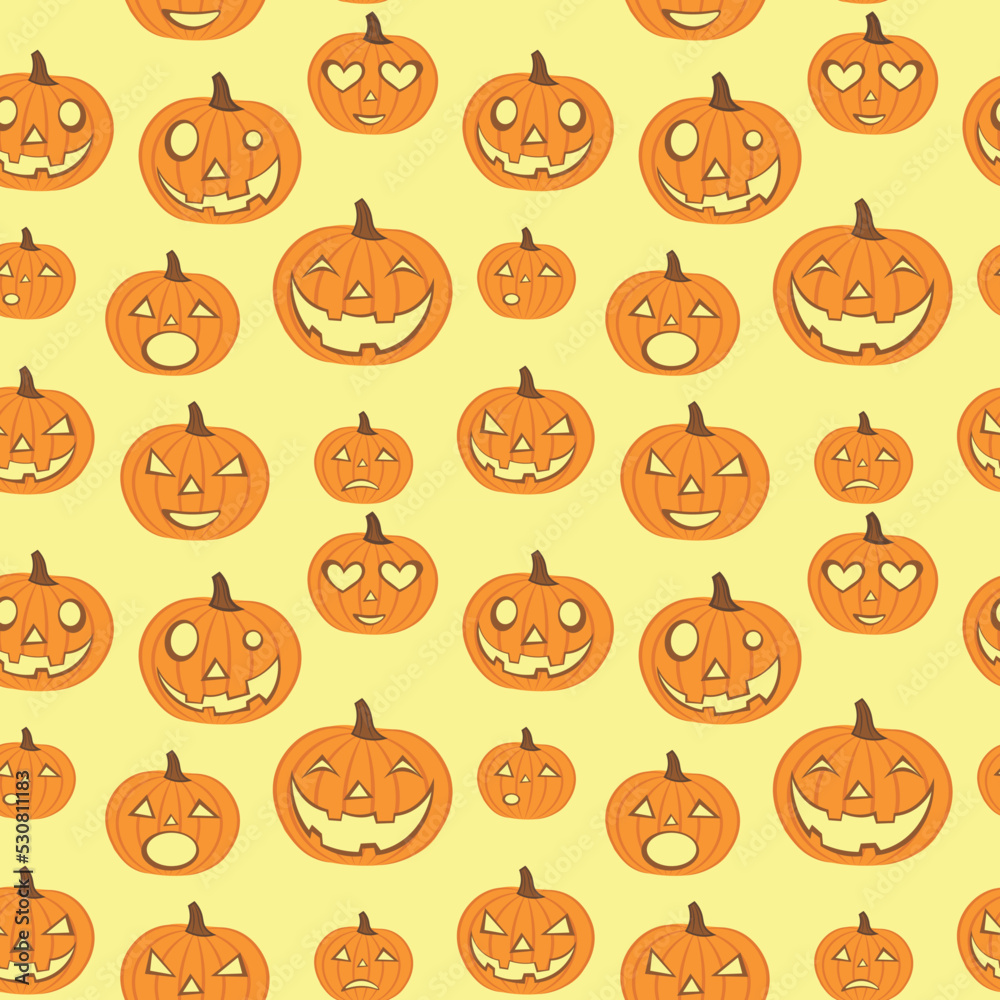 Pumpkin with different emotions seamless pattern. Halloween festive background. Wrapping paper or textile tile. Pumpkin with different emotions seamless pattern. Halloween festive background. Wrapping paper or textile tile.