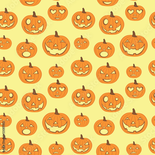 Pumpkin with different emotions seamless pattern. Halloween festive background. Wrapping paper or textile tile.