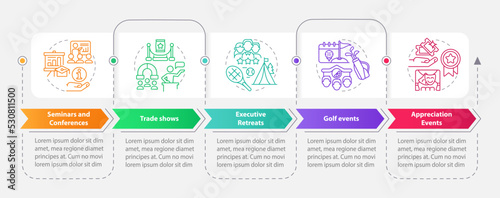 Corporate events rectangle infographic template. Business works. Data visualization with 5 steps. Editable timeline info chart. Workflow layout with line icons. Myriad Pro-Bold, Regular fonts used