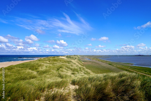 beautiful dune landscape and beach between the North Sea and theLimfjord at a sunny summer day, HIGH QUALITY IMAGE, holiday in Denmark, Lemvig, nature, tourism, travel