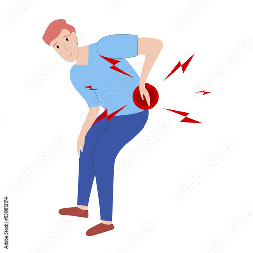 Man has low back pain and sciatica from a herniated disc. Medical diagrams about trapped nerves make patients chronic pain in the back and paralysis. Vector illustration.