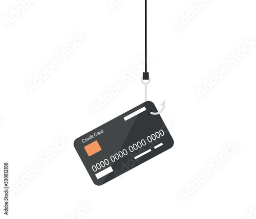 Hacker steals credit card with fishing rod. Flat Vector cartoon character. internet thief. isolated on white background.
