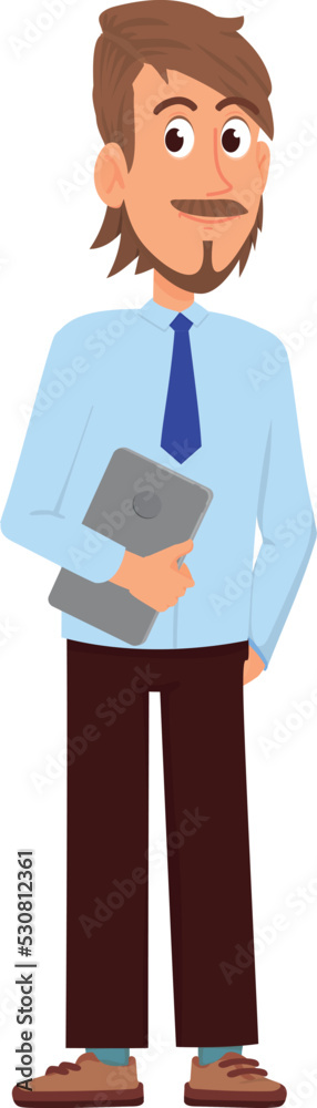 Man in formal clothes holding tablet. Office worker character Man in formal clothes holding tablet. Office worker character