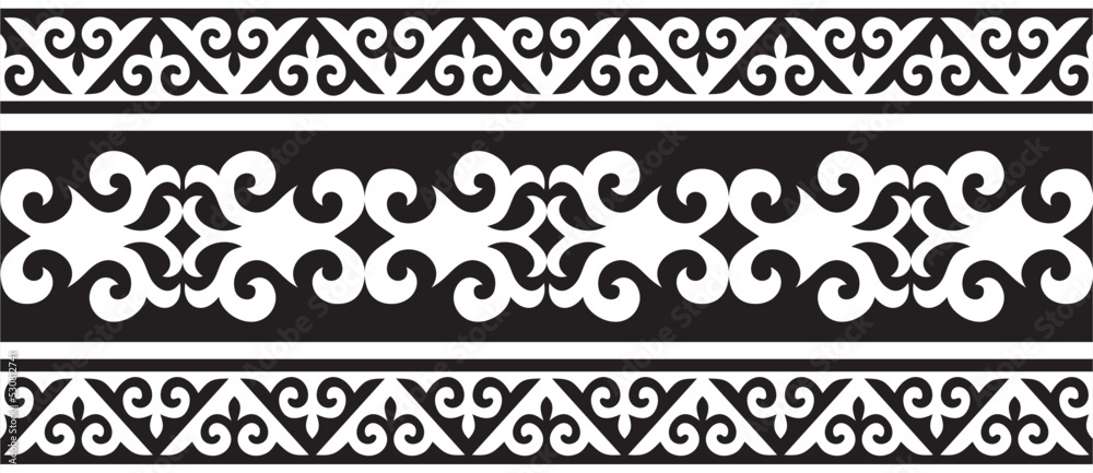 Vector monochrome seamless Kazakh national ornament. Ethnic pattern of the nomadic peoples of the great steppe, the Turks. Border, frame Mongols, Kyrgyz, Buryats, Kalmyks. Vector monochrome seamless Kazakh national ornament. Ethnic pattern of the nomadic peoples of the great steppe, the Turks. Border, frame Mongols, Kyrgyz, Buryats, Kalmyks.
