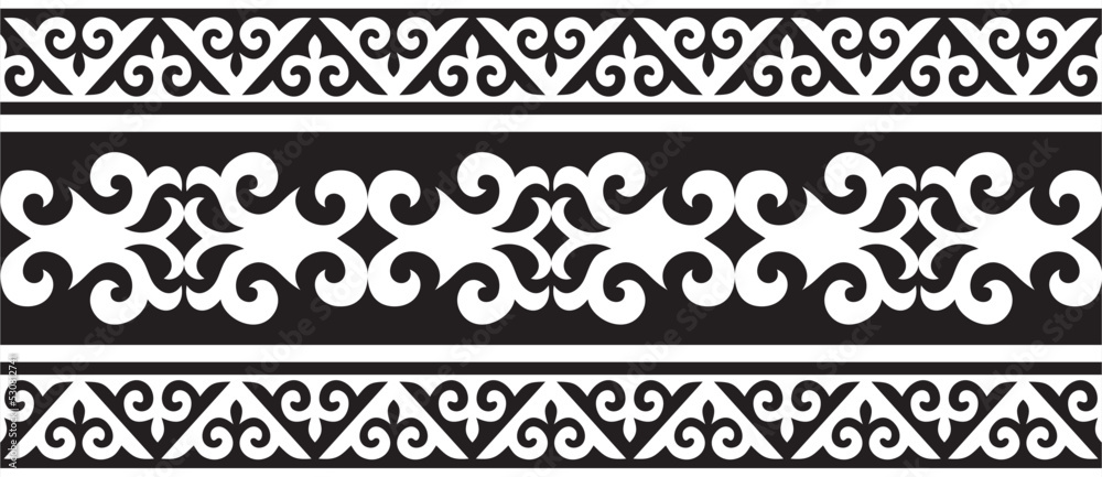 Vector monochrome seamless Kazakh national ornament. Ethnic pattern of the nomadic peoples of the great steppe, the Turks. Border, frame Mongols, Kyrgyz, Buryats, Kalmyks.