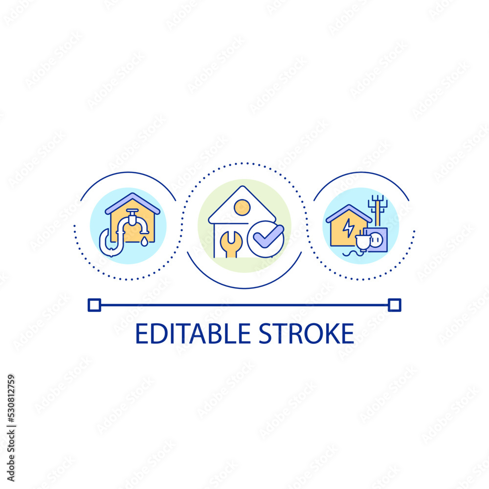 Plumbing and electricity loop concept icon. House communications maintenance. Construction abstract idea thin line illustration. Isolated outline drawing. Editable stroke. Arial font used Plumbing and electricity loop concept icon. House communications maintenance. Construction abstract idea thin line illustration. Isolated outline drawing. Editable stroke. Arial font used