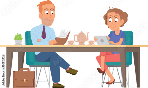 Man and woman having breakfast together. People at morning