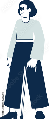 Blind woman with walking cane. Disabled person character