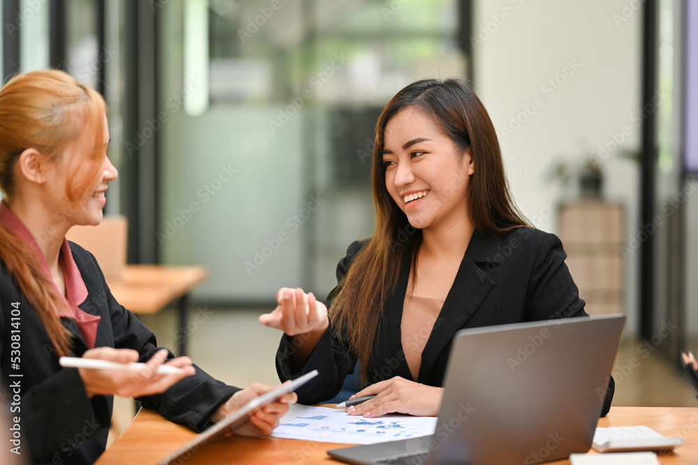Two businesswomen sharing an idea, give an advice about the work. Two businesswomen sharing an idea, give an advice about the work.