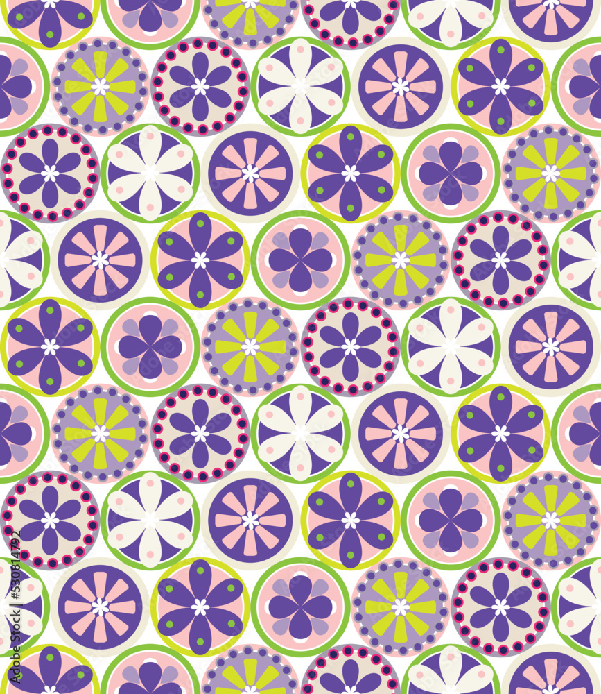 Abstract Flowers Circles Decorative Geometric Seamless Vector Pattern Doodle Retro Style Design Perfect for Allover Fabric Print or Wrapping Paper