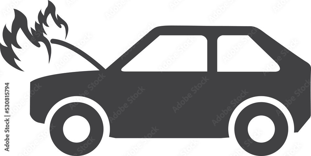Car is covered with fire, insurance icon, symbol