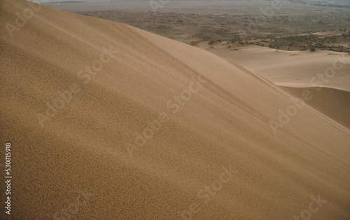 Sandy desert dune and Sarykum dune with low vegetation, beautiful sand texture