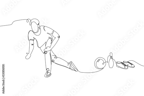 Bowling player with ball, skittles and sport shoes set one line art. Continuous line drawing game, leisure, activity, strike, skittles, throwing a ball, entertainment, team sport.