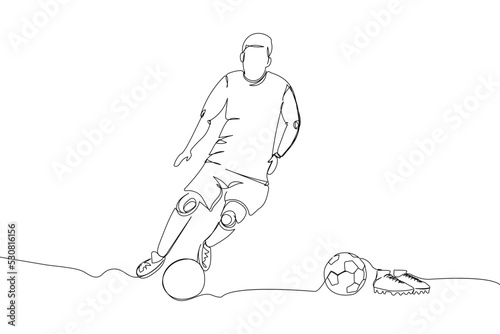 Football, soccer player with ball and cleats set one line art. Continuous line drawing game, sport, soccer ball, activity, forwafd, boots, training, running. photo