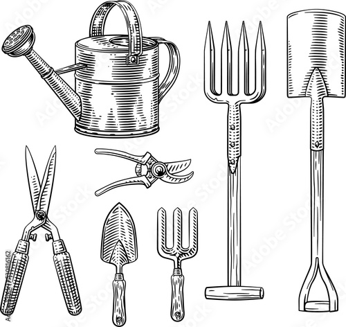 Slika na platnu Garden Gardening Tools Set Woodcut Vintage Style