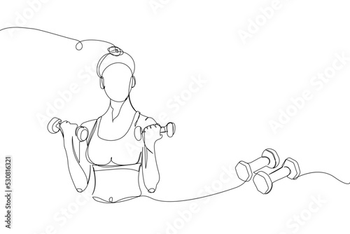 Girl with small dumbbells one line art. Continuous line drawing sports, fitness, physical education, muscle building, gym, sexy body, woman.