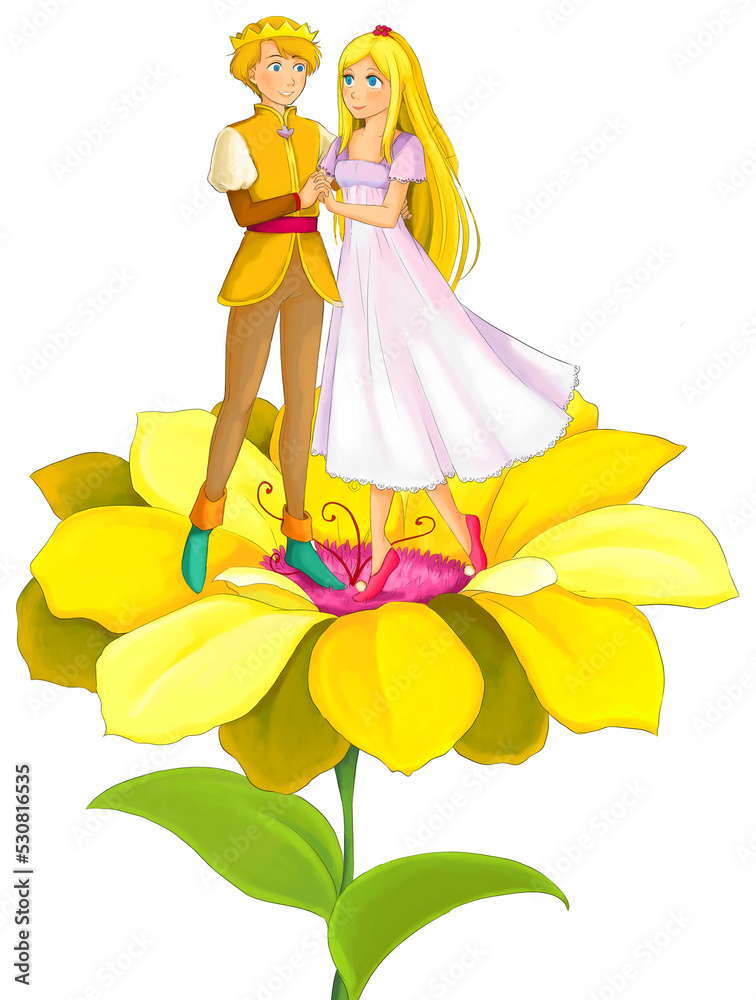 cartoon scene with young beautiful tiny girl princess and prince isolated- illustration for children