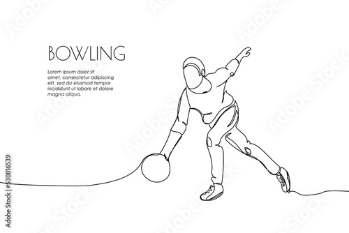 Web banner with bowling player throwing a ball one line art. Continuous line drawing of promotion poster game, leisure, activity, strike, skittles, entertainment, team sport.