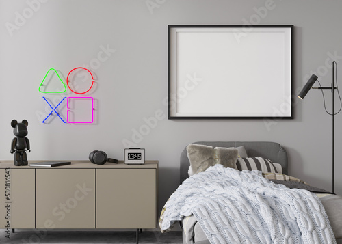 Empty horizontal picture frame on gray wall in modern child or teenie room. Mock up interior in contemporary style. Free, copy space for picture, poster. Bed, sideboard. Cozy room for kids. 3D render. photo