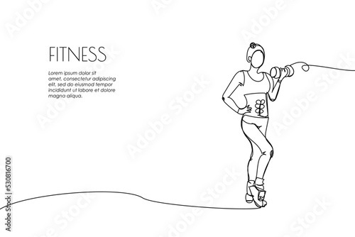 Web banner with sports girl with dumbbells in full growth one line art. Continuous line drawing of promotion poster sports fitness, physical education, bodybuilding, muscle building, gym, sexy, woman.