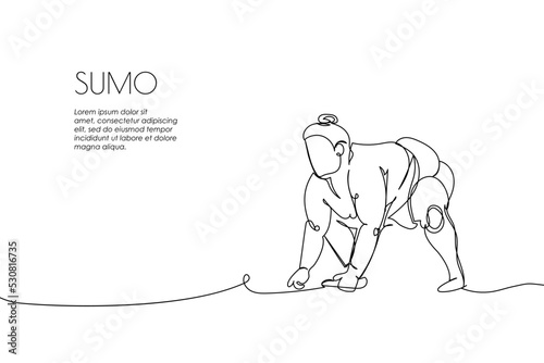 Web banner with sumo wrestler one line art. Continuous line drawing of promotion poster japanese, fight, obesity, man, person, athlete, sport.