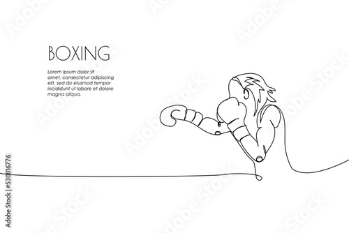 Web banner with woman boxer, boxing gloves, hit one line art. Continuous line drawing of promotion poster protective mask, protection, boxing, fight, athletes, battle, girl, power, sport, boxing ring.