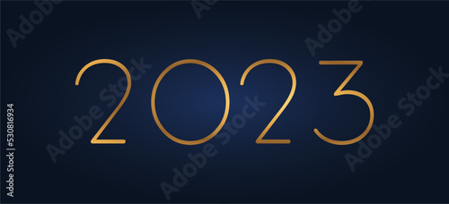 2023 New Year golden logo design. Holiday postcard. Vector illustration. Festive design for greeting card, invitation, calendar, party, golden holiday label.