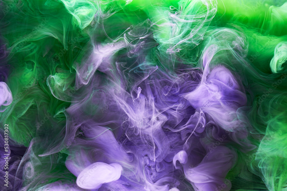 Green purple smoke abstract background, acrylic paint underwater explosion