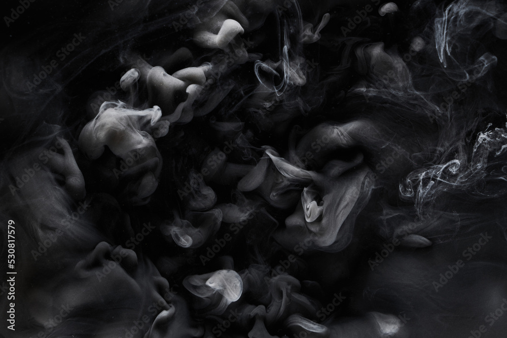 Black gray smoke abstract background, acrylic paint underwater explosion, swirling ink - obrazy, fototapety, plakaty 