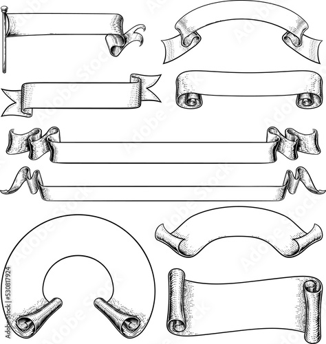 A set of scrolls, flags, pa...