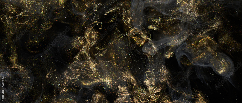 Golden sparkling abstract background, luxury black smoke, acrylic paint underwater explosion, cosmic swirling ink