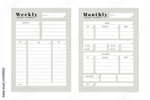 Template of personal budget plan, monthly, weekly and Trendy gray colors. Budget planner weekly and monthly