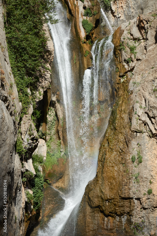 Obraz premium The Salto de los Órganos waterfall on the Borosa river route in the Sierra de Cazorla, Segura and Las Villas Natural Park. Jaen. Andalusia. Spain