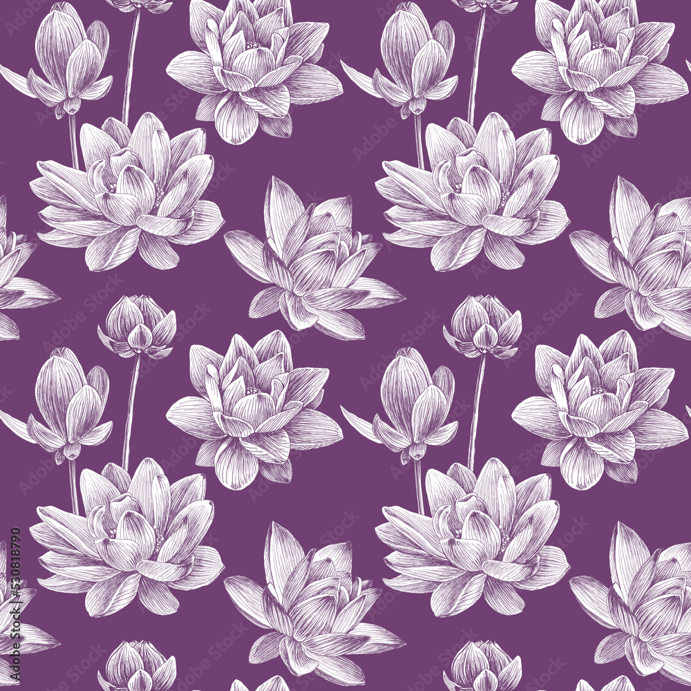 Hand drawn lotus flowers Seamless pattern. White flower on a lilac background. For fabric, sketchbook, wallpaper, wrapping paper. Hand drawn lotus flowers Seamless pattern. White flower on a lilac background. For fabric, sketchbook, wallpaper, wrapping paper.