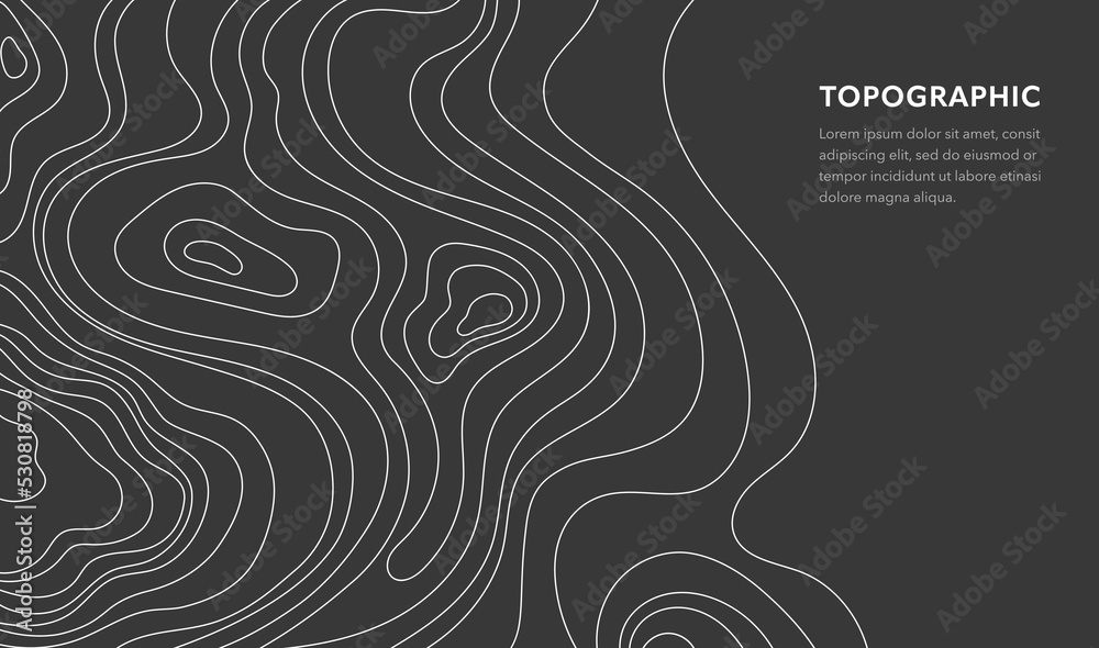 Topographic map. Vector illustration of topographic geographic map lines and contours. Terrain path isolated on a black background. Geography scheme. Line mountain relief for website template, banner - obrazy, fototapety, plakaty 