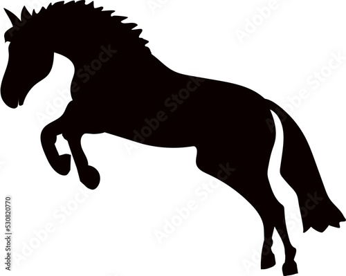 A graceful and beautiful horse overcomes an obstacle.  Silhouette black