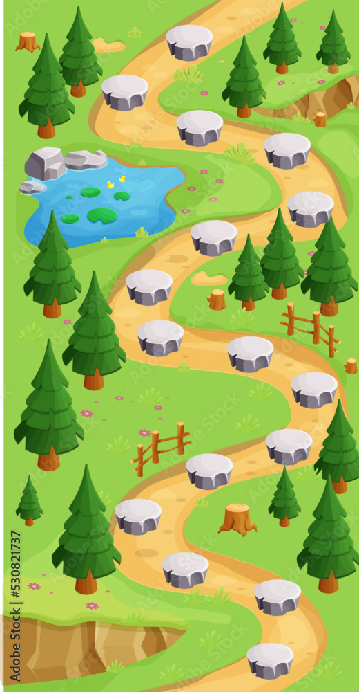 Game map forest gui background, template in cartoon style, casual isometric view. Decorated with stones, trees, pond. Game map forest gui background, template in cartoon style, casual isometric view. Decorated with stones, trees, pond.